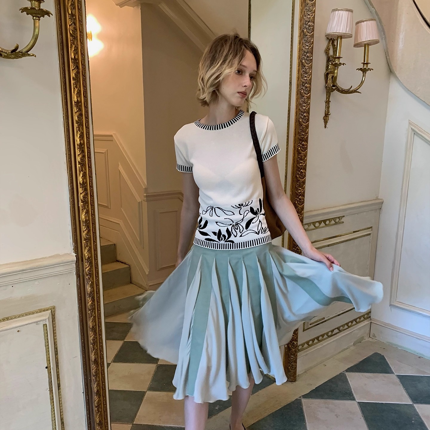 Spoii 薄荷绿法式雪纺插片拼接大裙摆A字气质伞裙