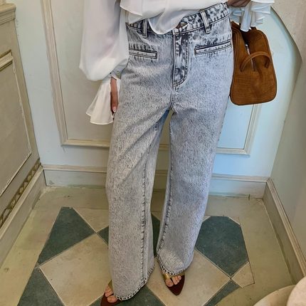 Spoii 灰白炒盐工艺宽松直筒复古松弛低腰牛仔裤