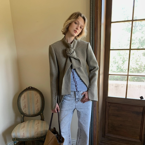 Spoii 橄榄绿门襟多系法设计时髦复古羊毛西装外套