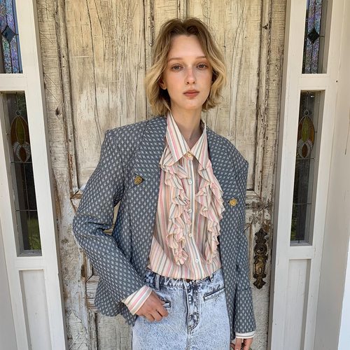 spoii 复古蓝灰提花牛仔几何金扣装饰挺阔版型西装外套