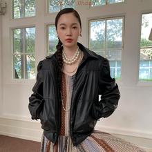 Spoii Unosa原创设计黑色阔型复古高级感灯笼袖皮夹克