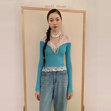 Spoii Unosa原创设计蓝色针织拼蕾丝修身打底衫