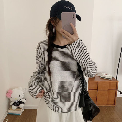 AMOMI青春记。条纹撞色T恤韩系慵懒女士春夏新品宽松显瘦休闲上衣