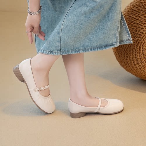 真皮单鞋女2025新款圆头小皮鞋时尚玛丽珍女鞋百搭软底浅口妈妈鞋