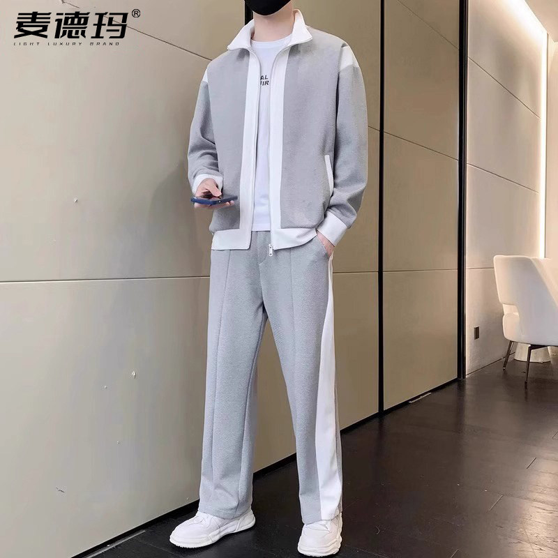 高档潮流品牌开衫卫衣运动套装男春秋立领外套时尚拼色休闲男一套