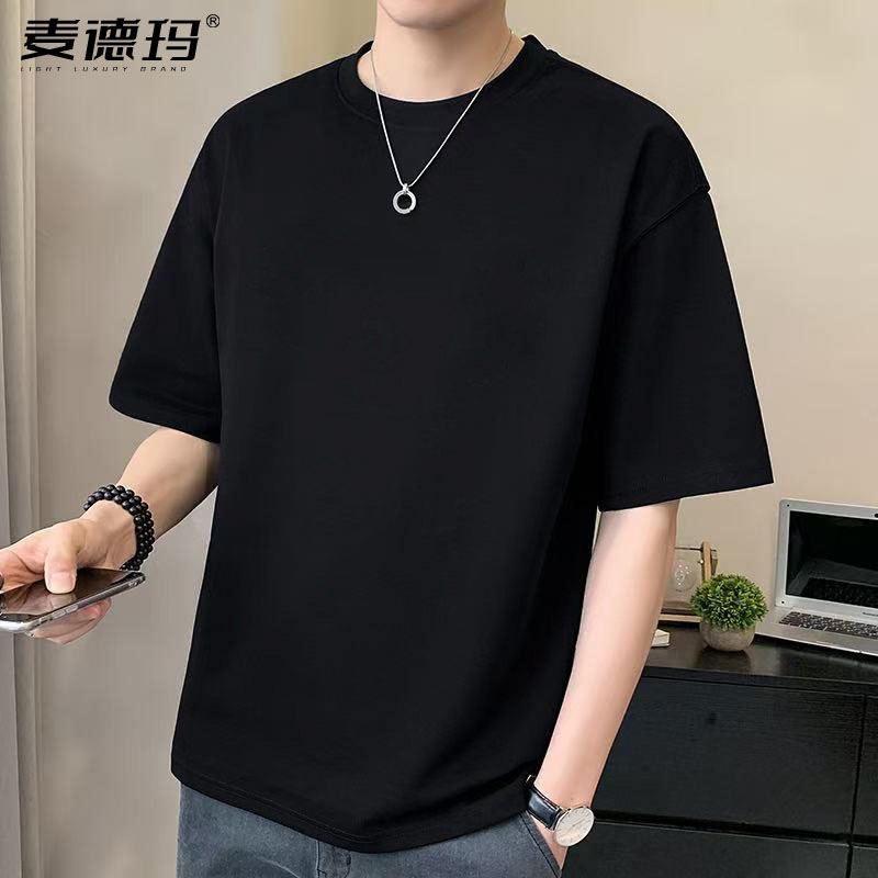 黑色重磅纯棉男士短袖T恤