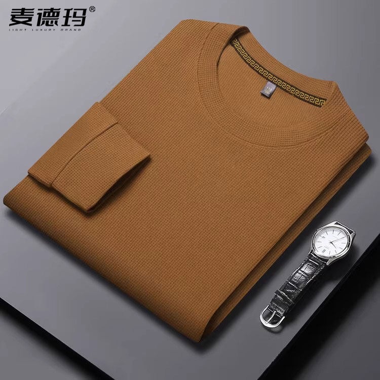 春秋季薄款华夫格圆领长袖t恤男士纯色休闲百搭体恤卫衣打底衫男