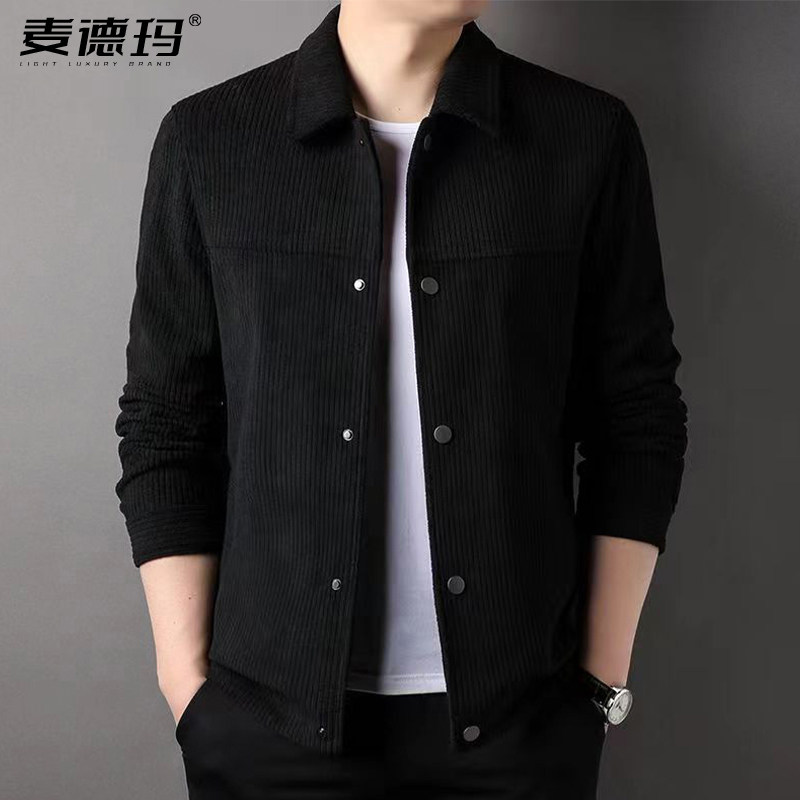 摇粒绒条绒翻领夹克工装加厚开衫