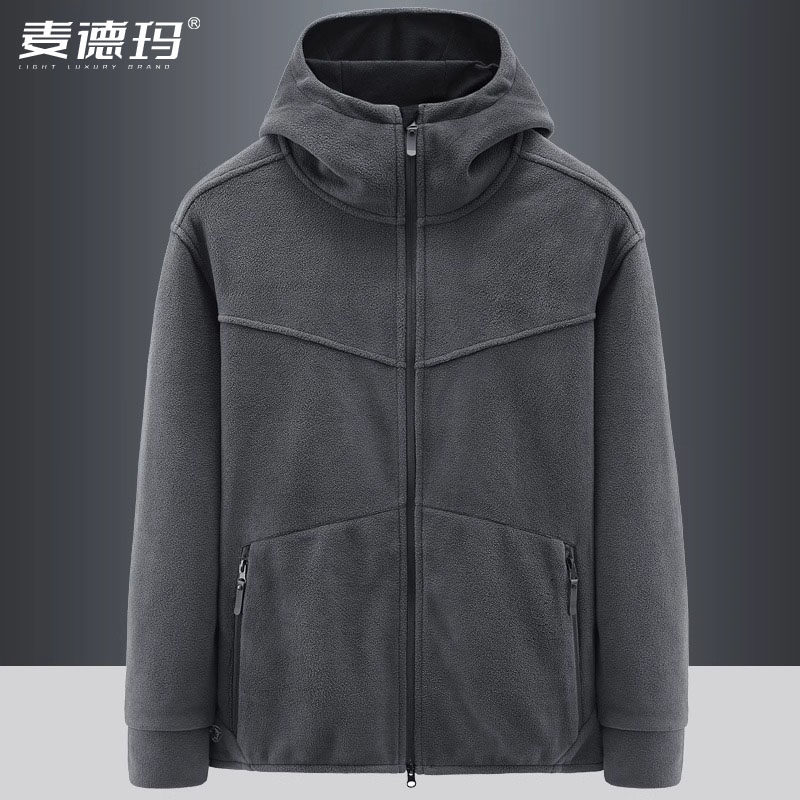 春秋户外加绒加厚抓绒衣男连帽开衫中年卫衣男装摇粒绒软壳外套潮