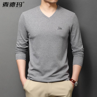 长袖 春秋季 t恤装 薄款 棉秋衣上衣T恤卫衣潮 v领春秋装 2024中年男士