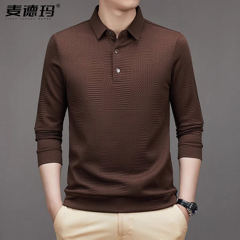 潮牌男装春秋新款长袖polo衫男中年翻领t恤透气休闲爸爸打底上衣