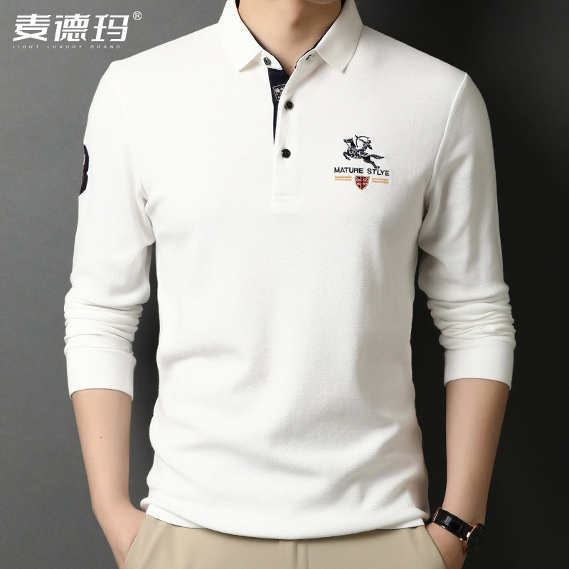 时尚长袖2025秋季簿款t恤男带领白色中年爸爸POLO衫体春秋装上衣T