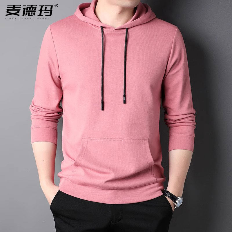 高端春秋季薄款带帽卫衣男士青中年修身韩版潮流纯色连帽长袖t恤
