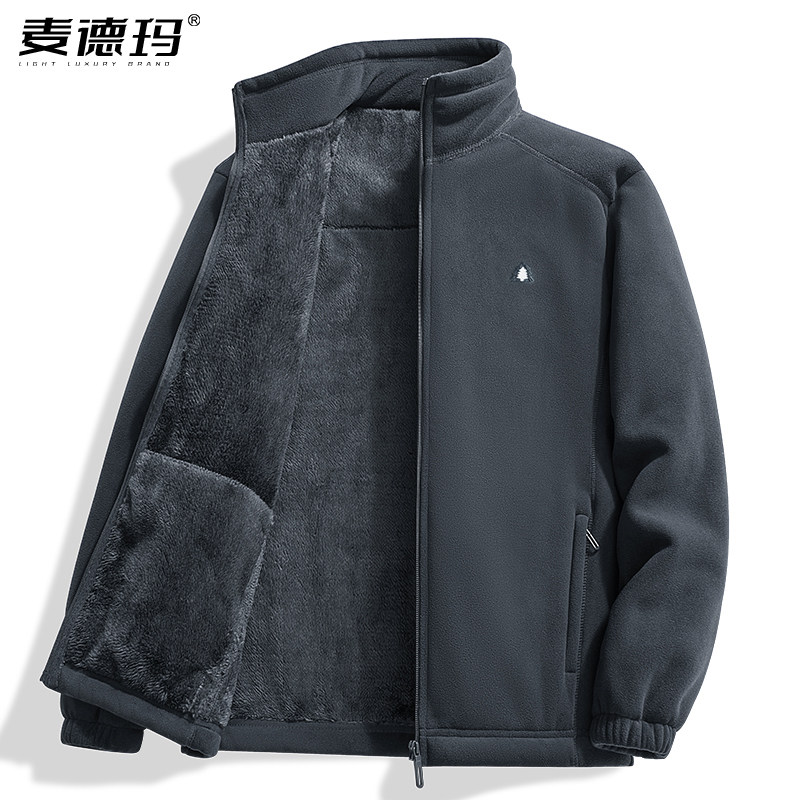 奥利绒夹克男士外套秋冬季深灰色加绒加厚摇粒绒卫衣运动抓绒衣女