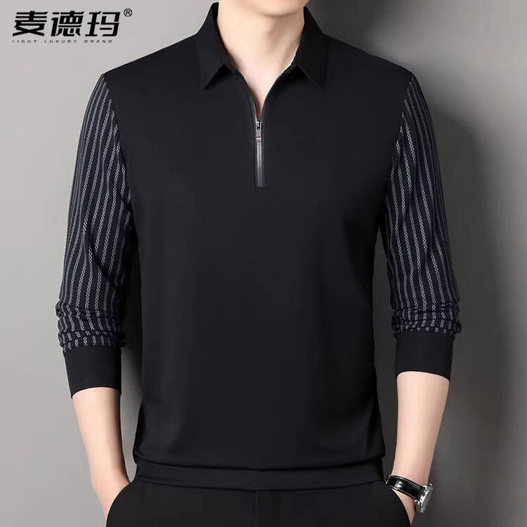 春季男士长袖t恤Polo衫中年拉链翻领卫衣休闲上衣纯色体恤打底衫