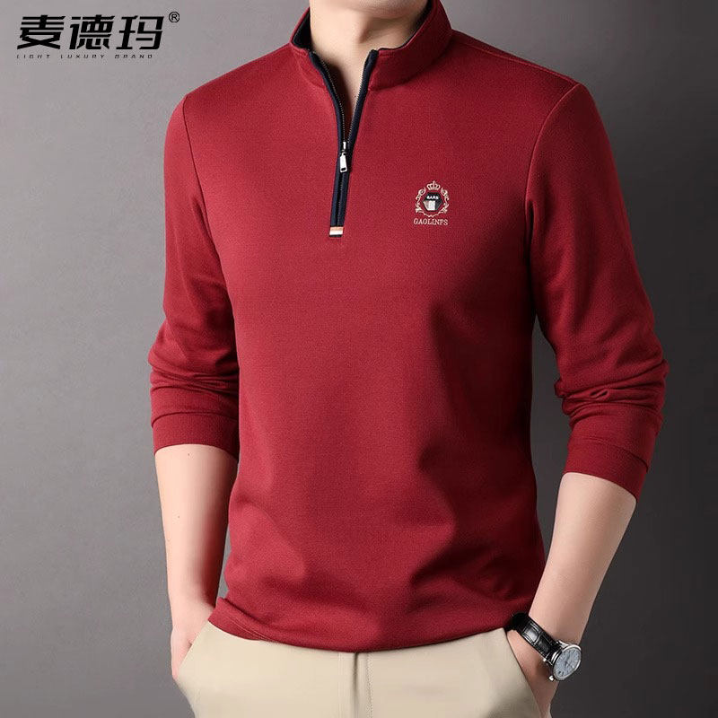 高档男士长袖t恤2025年春秋新款拉链立领休闲卫衣上衣体恤衫潮