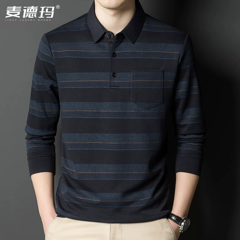 中老年男长袖Polo衫薄款条纹