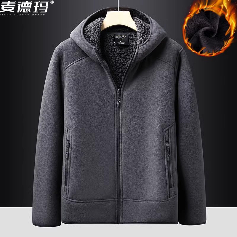 新款时尚加绒加厚卫衣外套男款宽松大码潮流百搭中年爸爸抓秋冬季