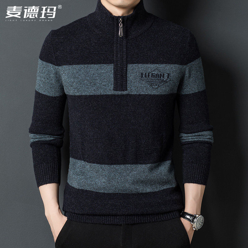 2026新款冬季中年男士纯羊毛衫半高领拉链提花针织衫加厚毛衣线衣