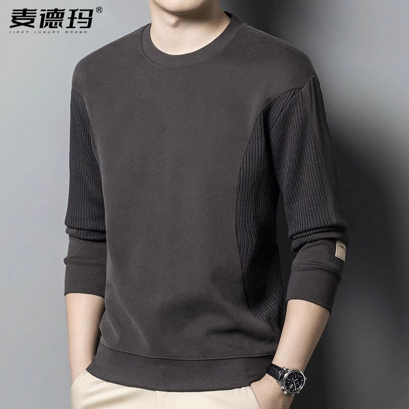 春秋新款长袖T恤男士休闲上衣体恤内搭外穿圆领无领拼接宽松卫衣