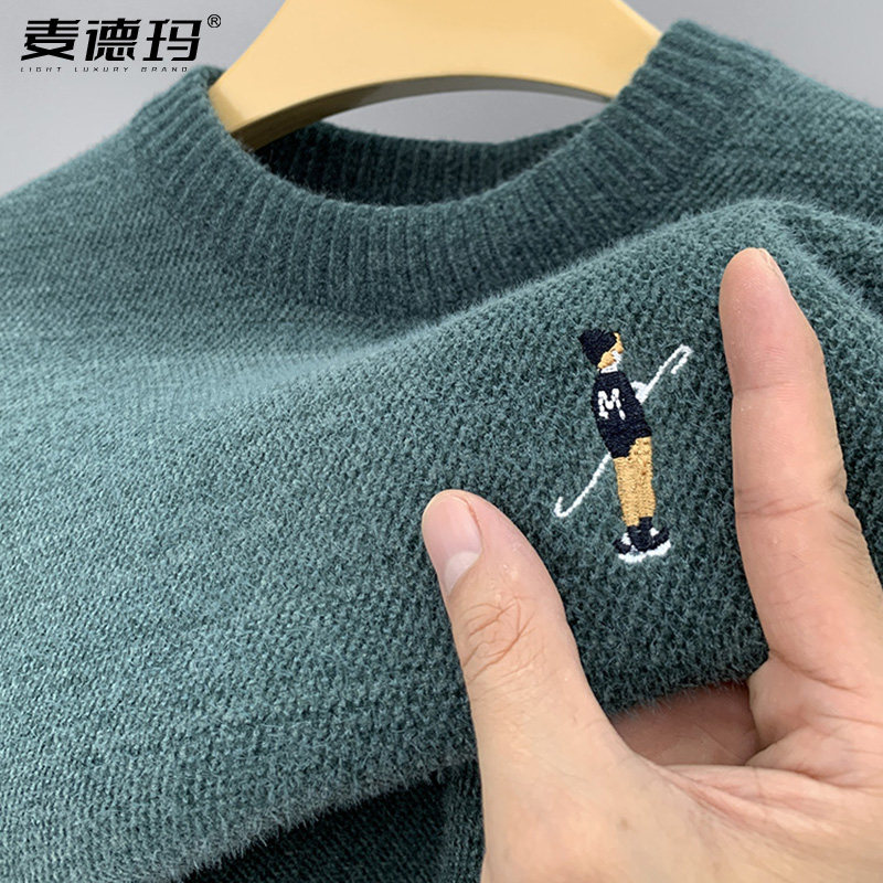 加绒圆领毛衣男2025秋冬季针织衫