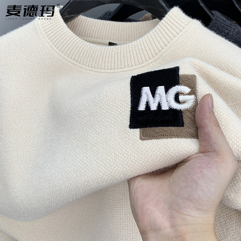 一体绒雪尼尔毛衣男加绒加厚圆领