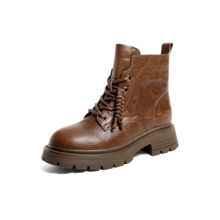 百丽复古质感抓皱面马丁靴女2025冬新真皮短靴E4W1DDD5 33码