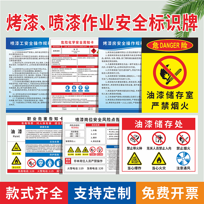 油漆喷漆烤漆房标识牌操作规程管理制度MSDS周知卡职业危害风险告知车间储存室警告标志严禁烟火当心中毒贴纸