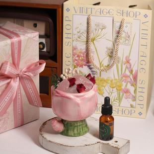 扩张石香薰石扩香石摆件玫瑰干花粉色水晶石礼盒精油香氛卧室摆件