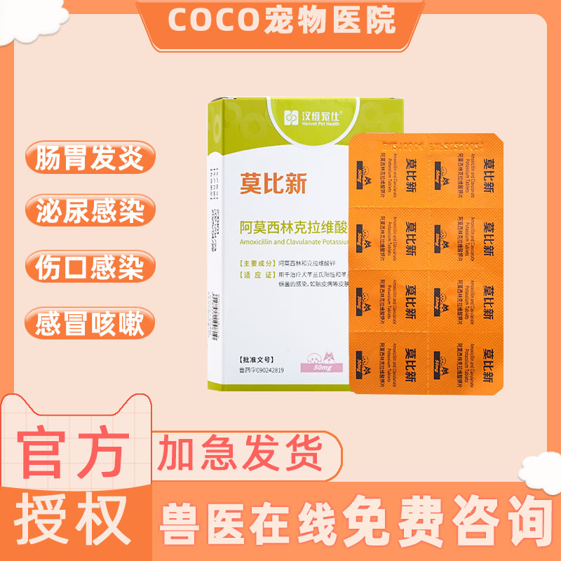 汉维宠仕莫比新宠物狗猫消炎药阿莫西林克拉维酸钾片皮炎感冒