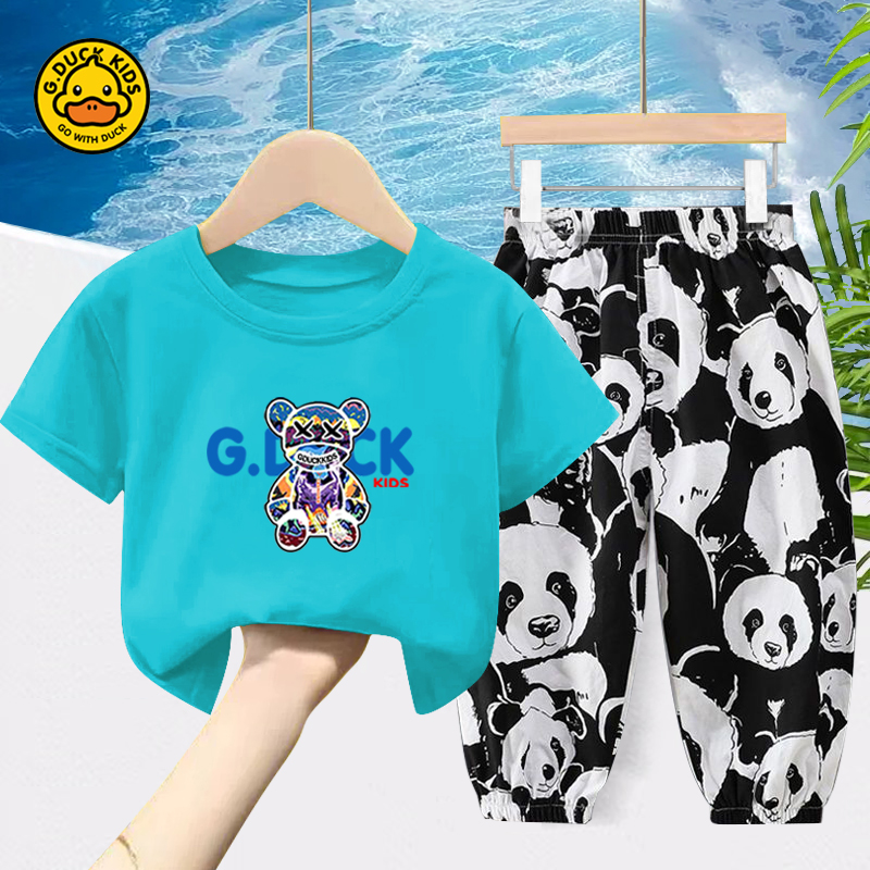 小黄鸭儿童夏装男童女童短袖套装卡通熊猫上衣儿童洋气T恤速干裤7