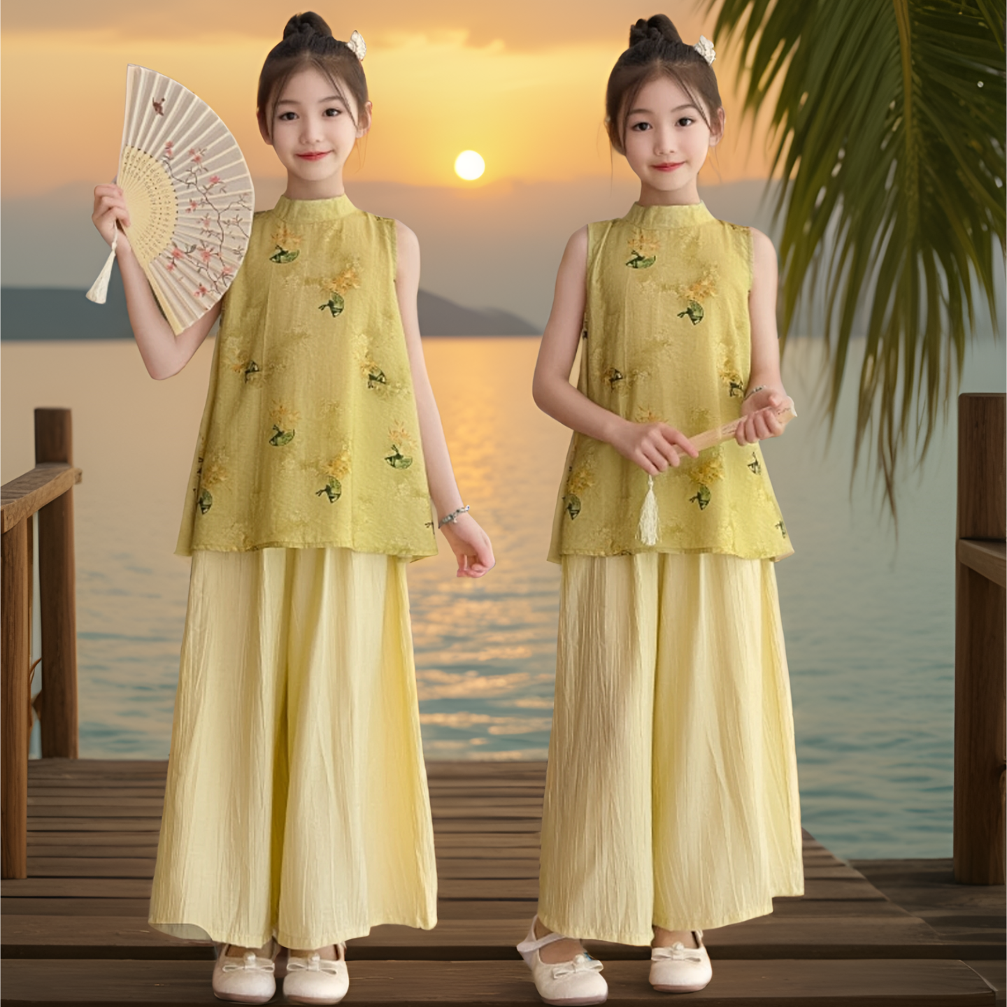 女童夏新中式两件套国风套装旗袍