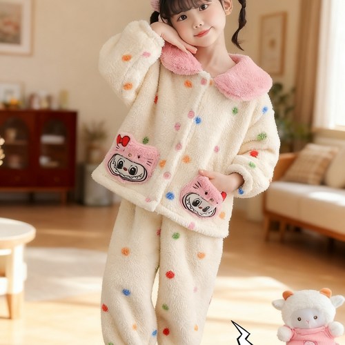 女童圆领法兰绒秋冬拉布布睡衣