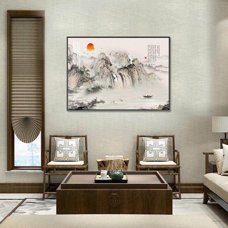 新中式单幅装饰画山水风景壁画客厅沙发背景墙挂画横版书房墙面画