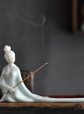 创意中式古代仕女陶瓷人物线 线香插香座薰香炉家居茶道香道摆件
