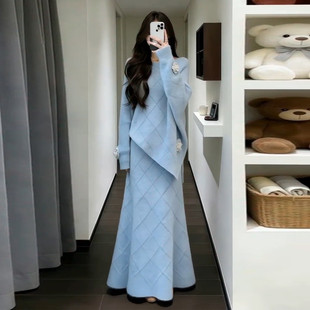 蓝色毛衣针织洋装子女冬季2026新款巨好看韩系穿搭一整套装长裙