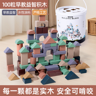 莫兰迪桶装100粒实木积木早教益智拼装玩具0到3岁6到12大颗粒拼图