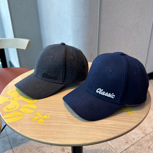 新款羊毛呢字母刺绣棒球帽子男士秋冬季韩版保暖加厚大头围鸭舌帽