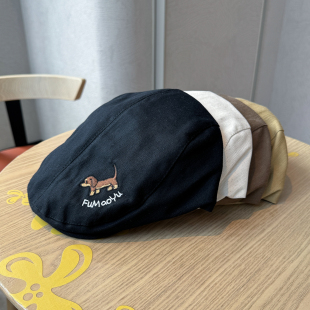休闲画家前进帽 小狗刺绣贝雷帽子女春秋显脸小黑色时尚 25新款 韩版