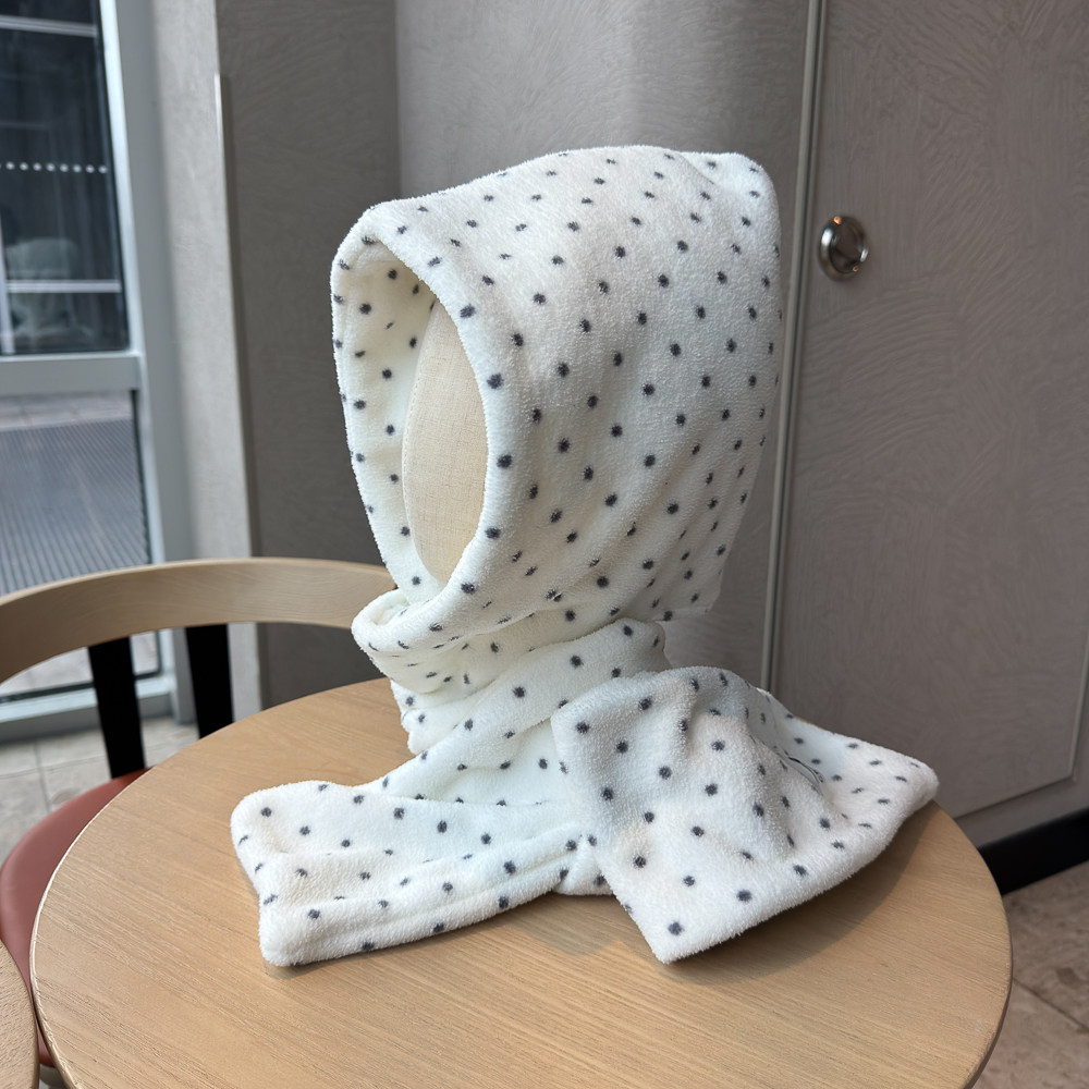韩系波点手抓绒连帽围巾一体帽女