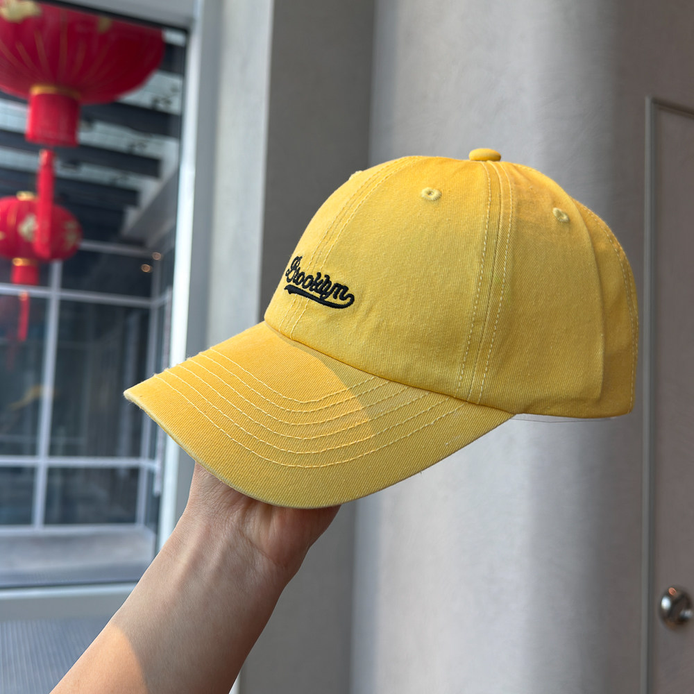 复古风水洗纯棉亮黄色字母刺绣鸭舌帽男女四季弯檐显脸小棒球帽子