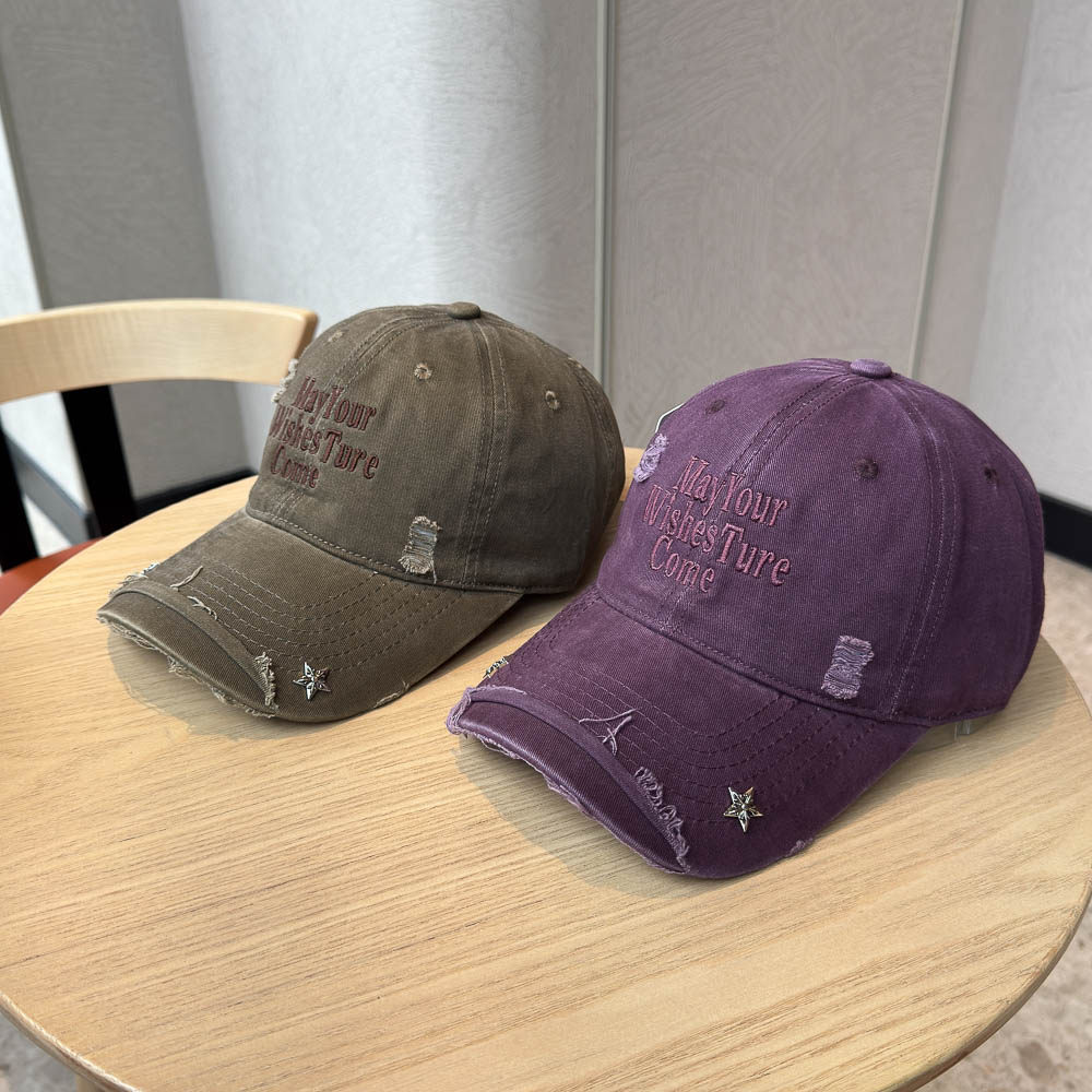 破洞风字母刺绣星星铆钉棒球帽男女街头潮搭大头围宽檐遮阳鸭舌帽