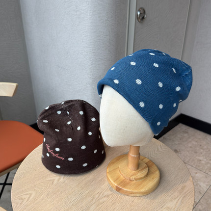 秋冬韩系ins波点提花针织帽子女刺绣字母松弛感包头护耳堆堆冷帽