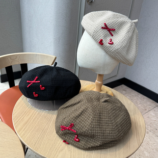 新款 贝雷帽子女25秋季 街头气质显脸小 甜美可爱红色蝴蝶结时尚 韩版