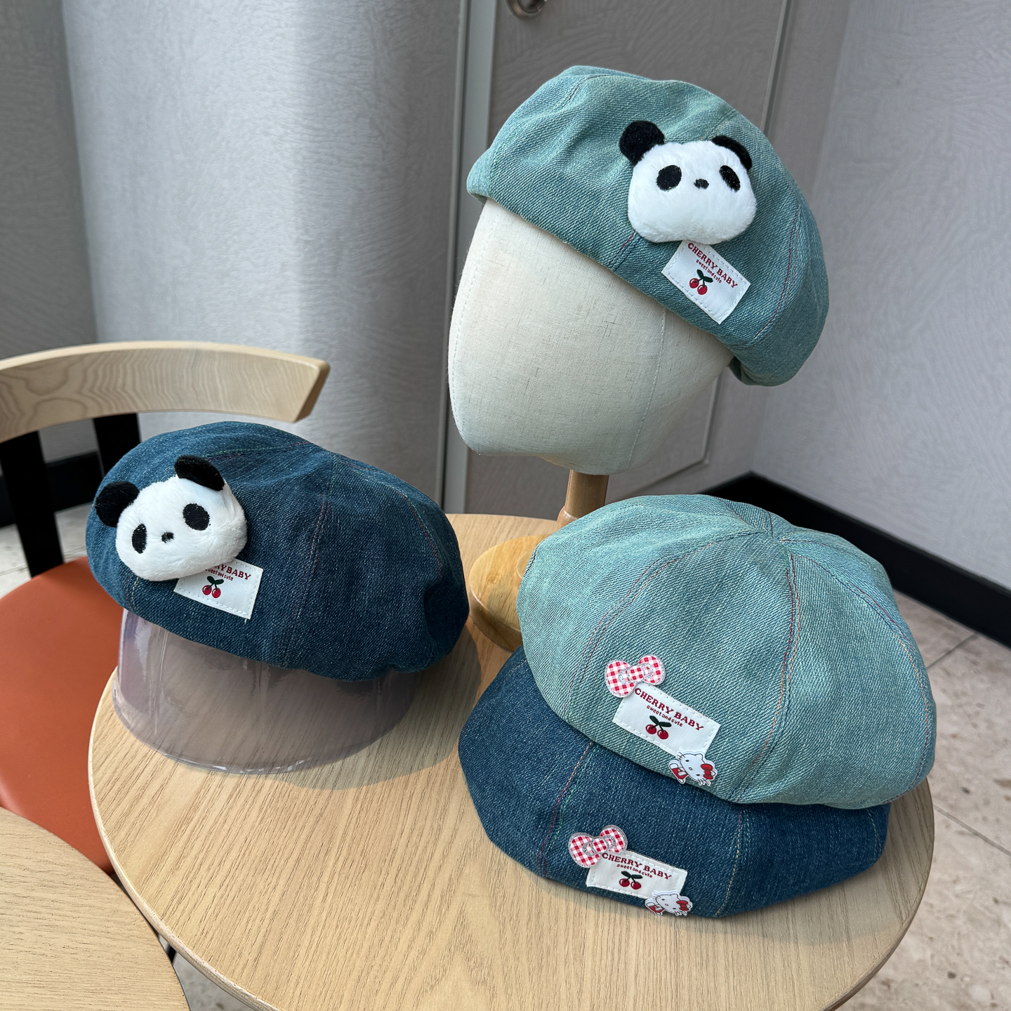 韩版可爱毛绒小熊猫牛仔贝雷帽子