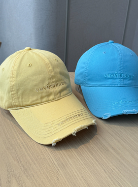 美式复古破洞风黄色棒球帽子女街头时尚宽檐显脸小防晒鸭舌帽男潮