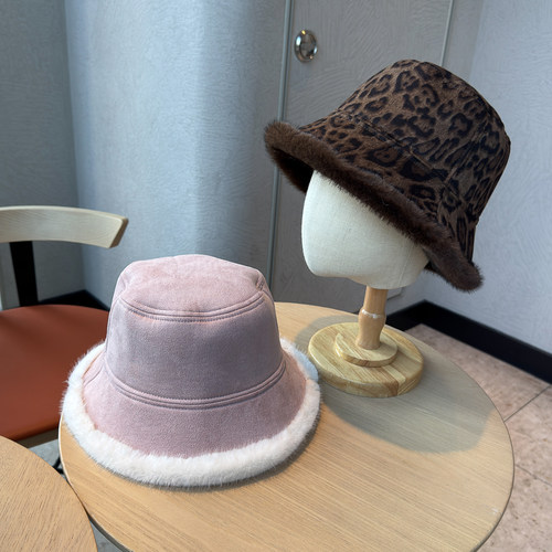 秋冬撞色加绒加厚豹纹渔夫帽子女