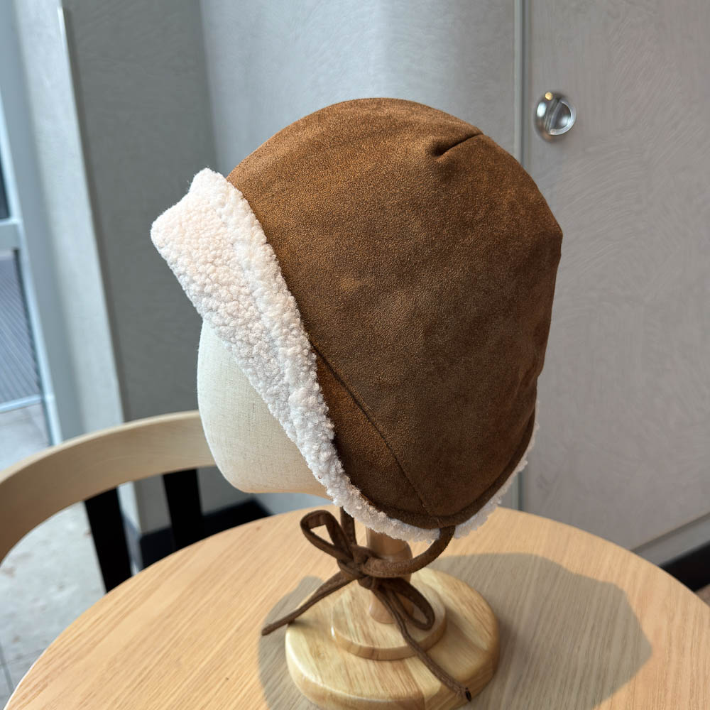 新款麂皮绒保暖护耳系带渔夫帽子