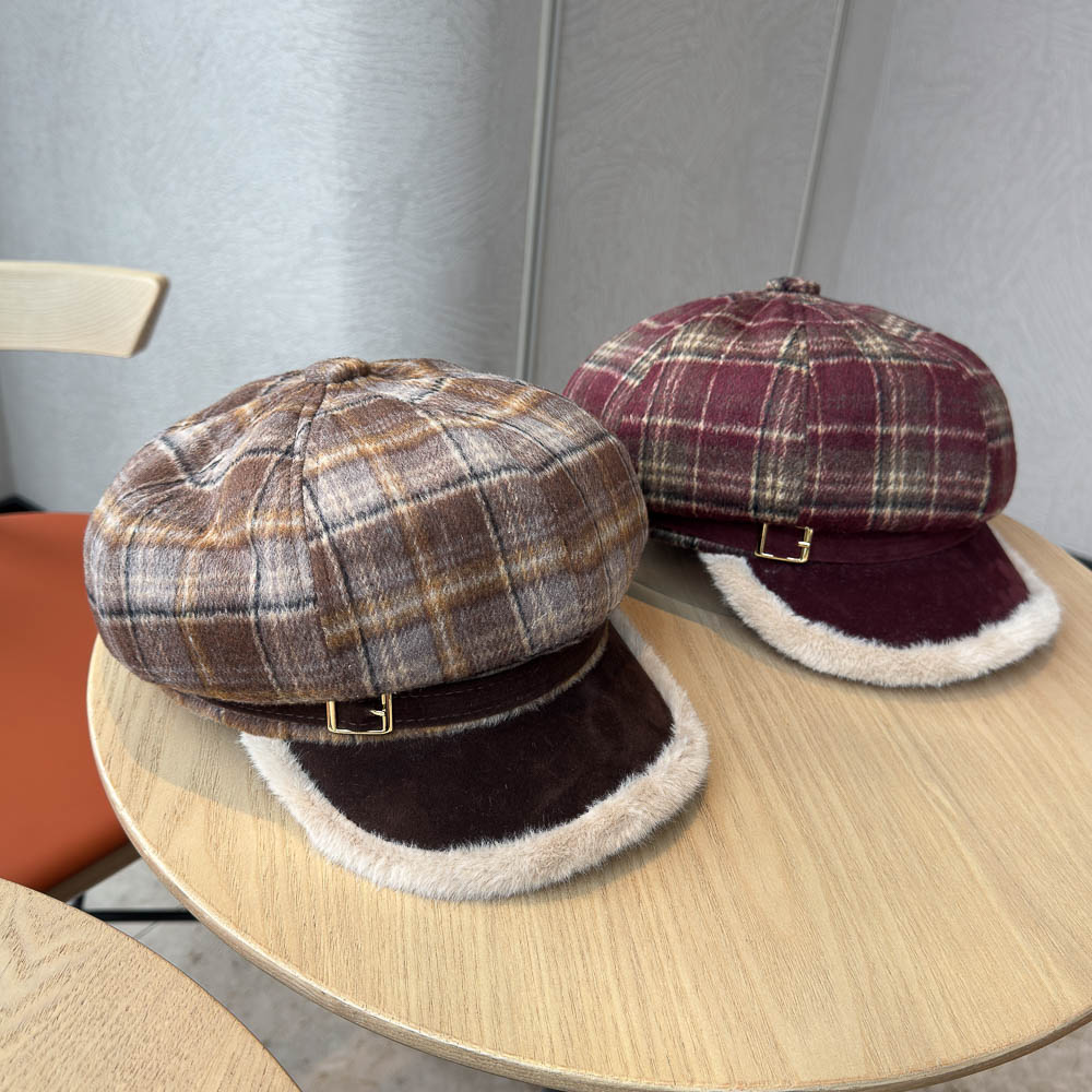 复古毛呢格子夹棉保暖八角帽女