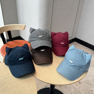 新款字母刺绣可爱猫耳朵棒球帽子女时尚百搭软顶遮阳帽鸭舌帽男潮